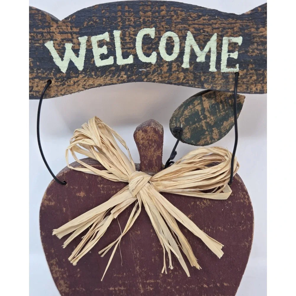 Primitive Country Wood Apple Welcome Sign Distressed Red Raffia Bow Farmhouse